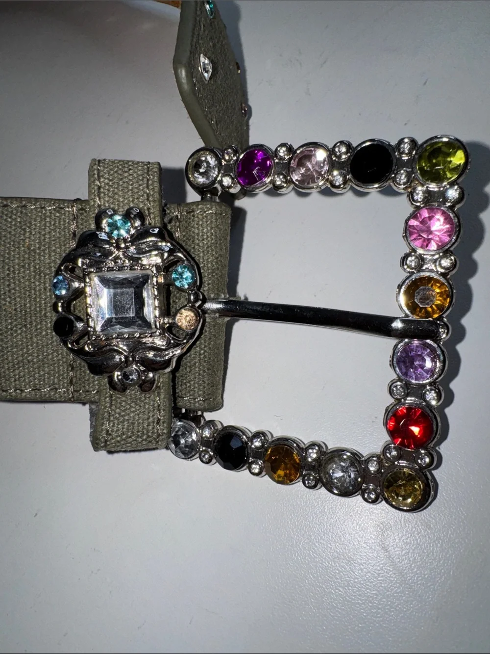 Vintage Olive Green Jeweled Statement Belt – Multicolor Rhinestone Buckle – Boho